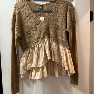 Anthropologie Brown Sweater with Cream Peplum